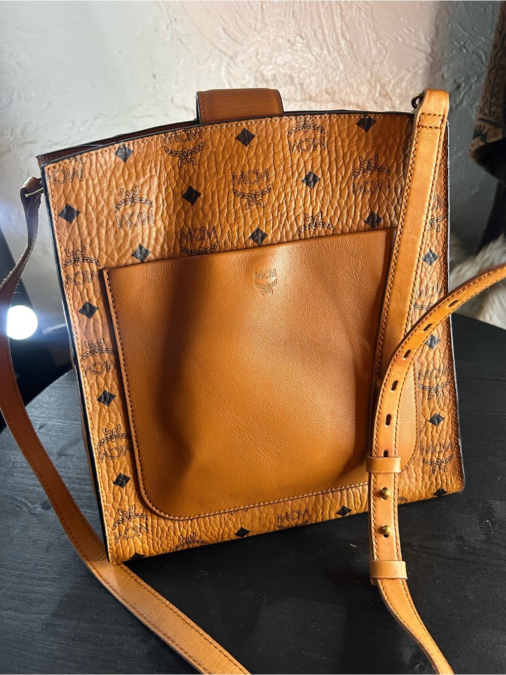 MCM Cognac Brown Visetos Monogram Bucket Shoulder Bag - Picture 2 of 5